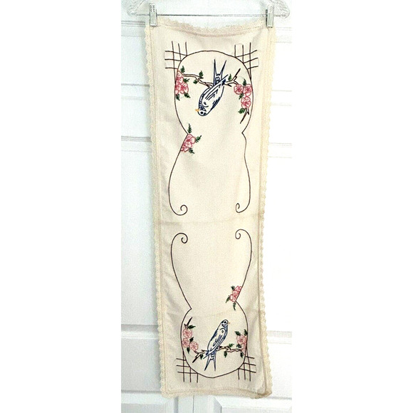 Dresser Scarf Table Runner Parrot Bird Vintage Linen Handmade Needlepoint 42x14" - Picture 3 of 6